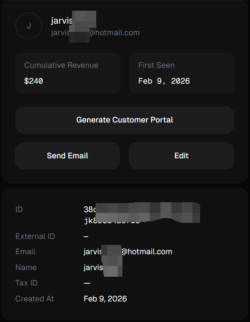Redacted backend order screenshot from customer proof.